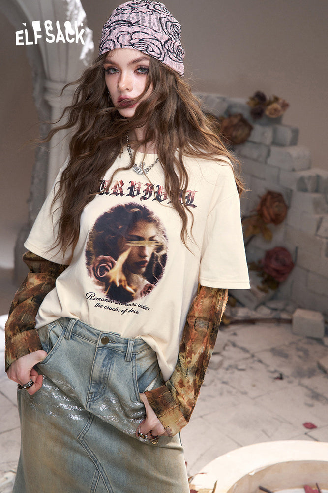 
                  
                    ELFSACK 2024 Autumn New Arrivals Off-white fake two-piece stitching print stylish unique and chic T-shirt for women
                  
                