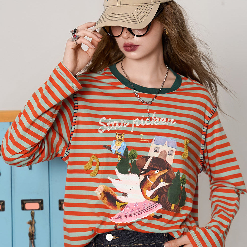 
                  
                    ELFSACK 2024 Autumn New Arrive Orange retro casual design contrast striped print long-sleeved T-shirt for women
                  
                