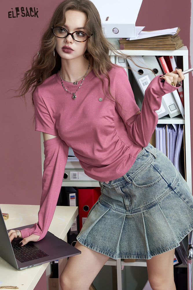 
                  
                    ELFSACK 2024 Autumn New Arrivals Barbie pink pleated shiny detachable long-sleeved hot girl slim T-shirt for women
                  
                