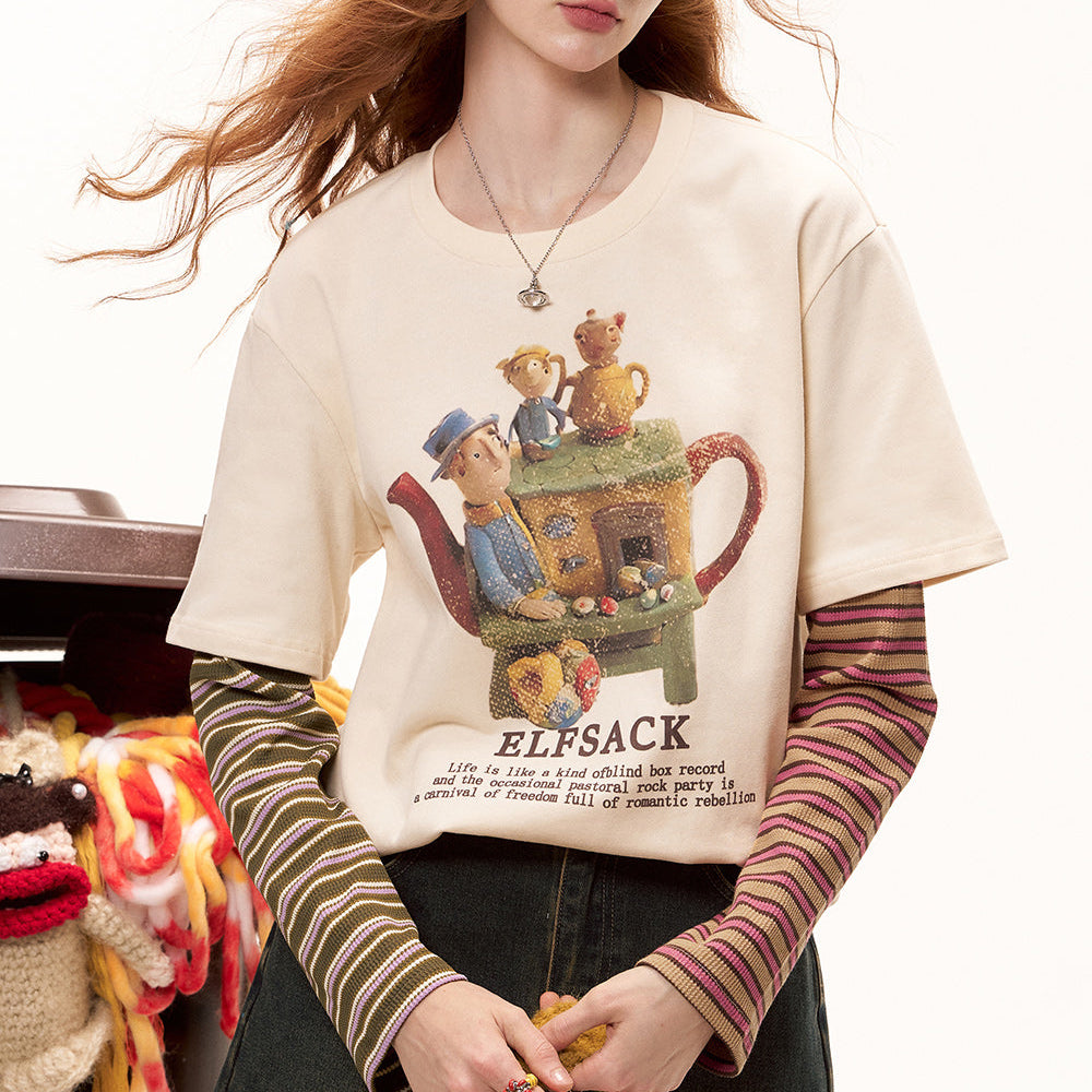 ELFSACK 2024 Autumn New Arrivals Color Block Striped Layered Long Sleeve T-Shirt for Women College Style