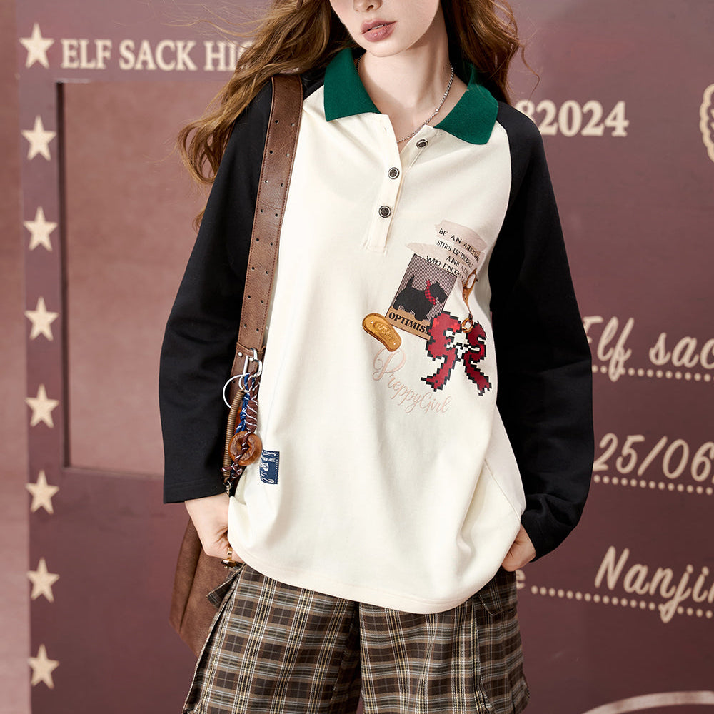 
                  
                    ELFSACK 2024 Autumn New Arrivals Lapel contrast color print long sleeve T-shirt for women, loose top
                  
                