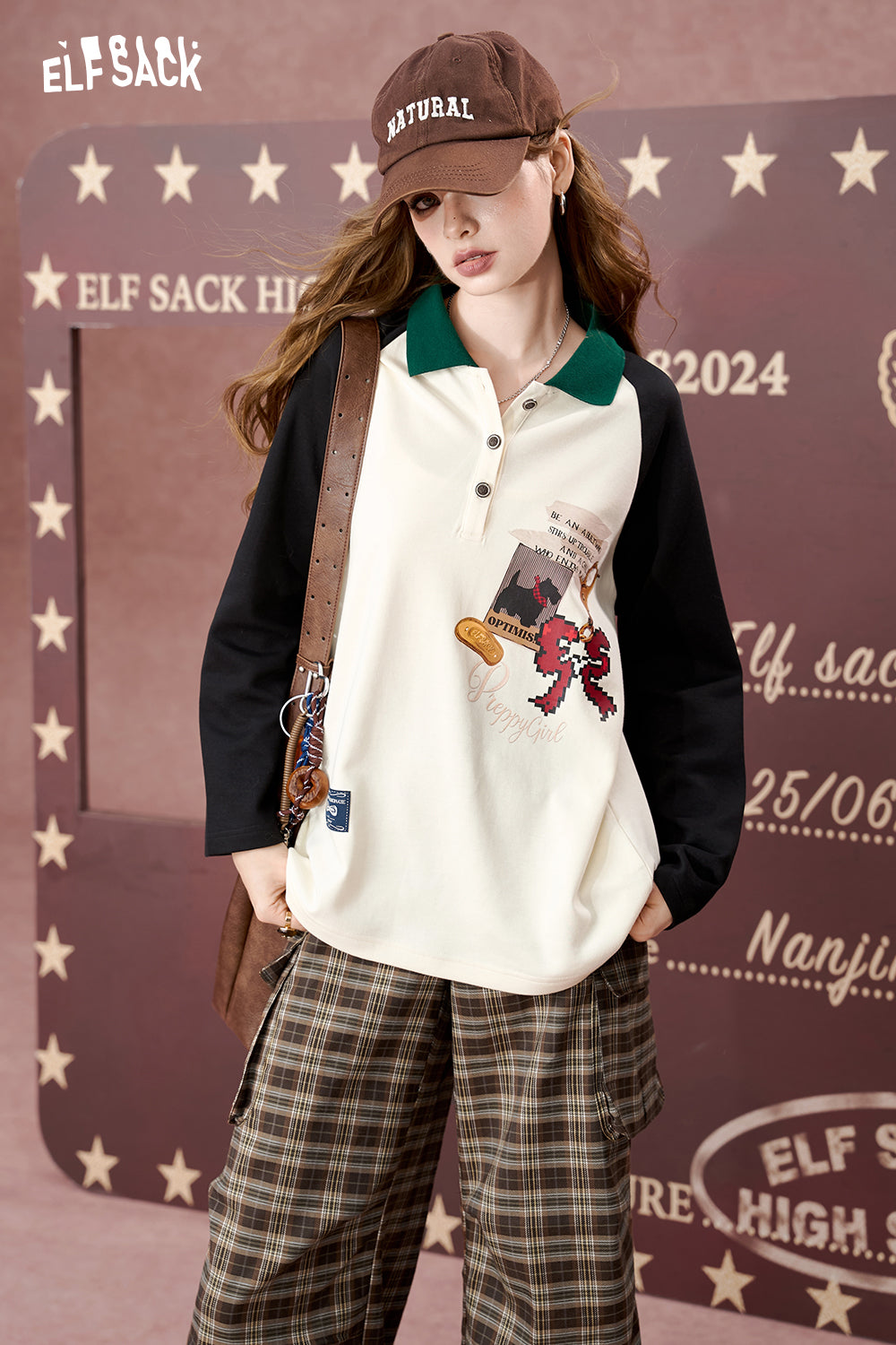 ELFSACK Lapel contrast color print long sleeve T-shirt, loose top
