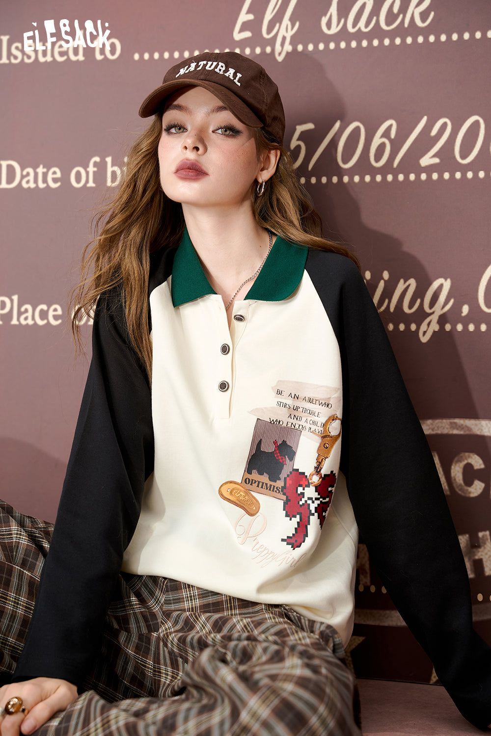 ELFSACK Lapel contrast color print long sleeve T-shirt, loose top