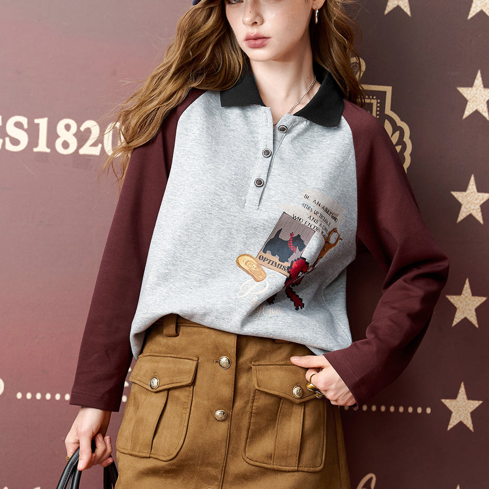 ELFSACK 2024 Autumn New Arrivals Lapel contrast color print long sleeve T-shirt for women, loose top