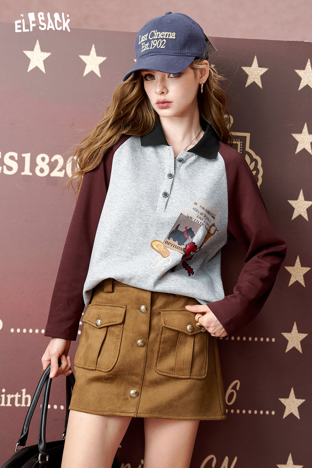 ELFSACK Lapel contrast color print long sleeve T-shirt, loose top