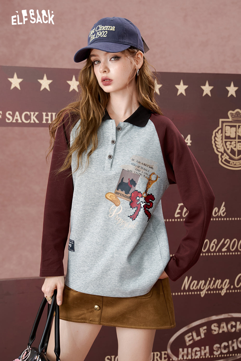 ELFSACK Lapel contrast color print long sleeve T-shirt, loose top