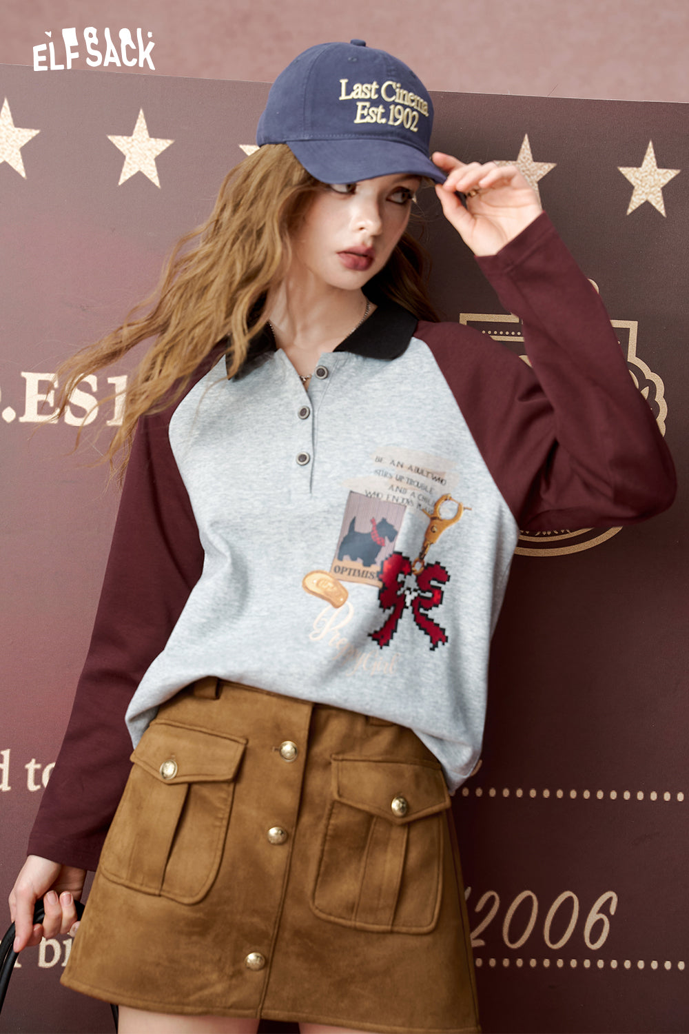 ELFSACK Lapel contrast color print long sleeve T-shirt, loose top
