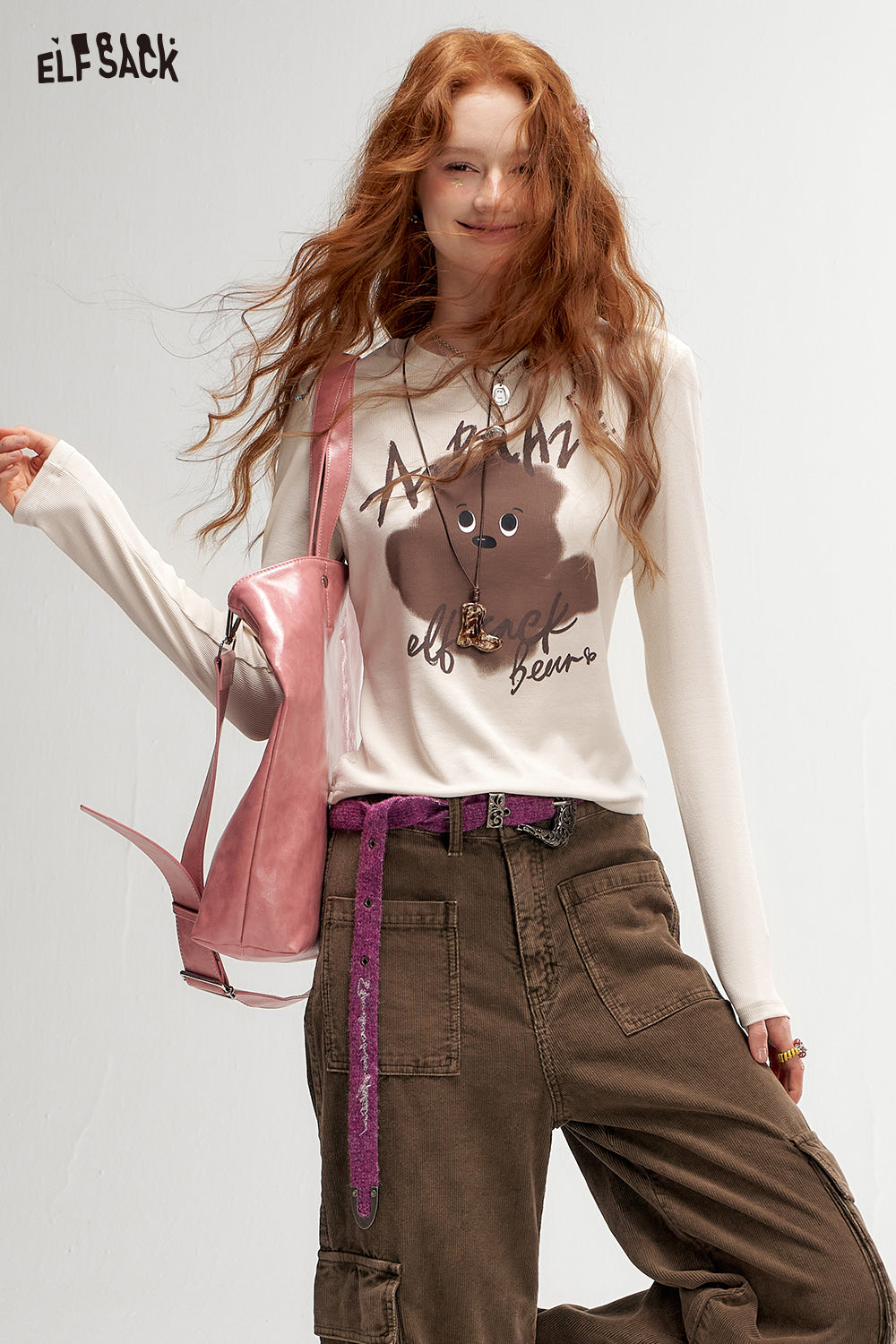 ELFSACK Retro Print Fitted Long Sleeve T-Shirt Casual Sweet Layering Top