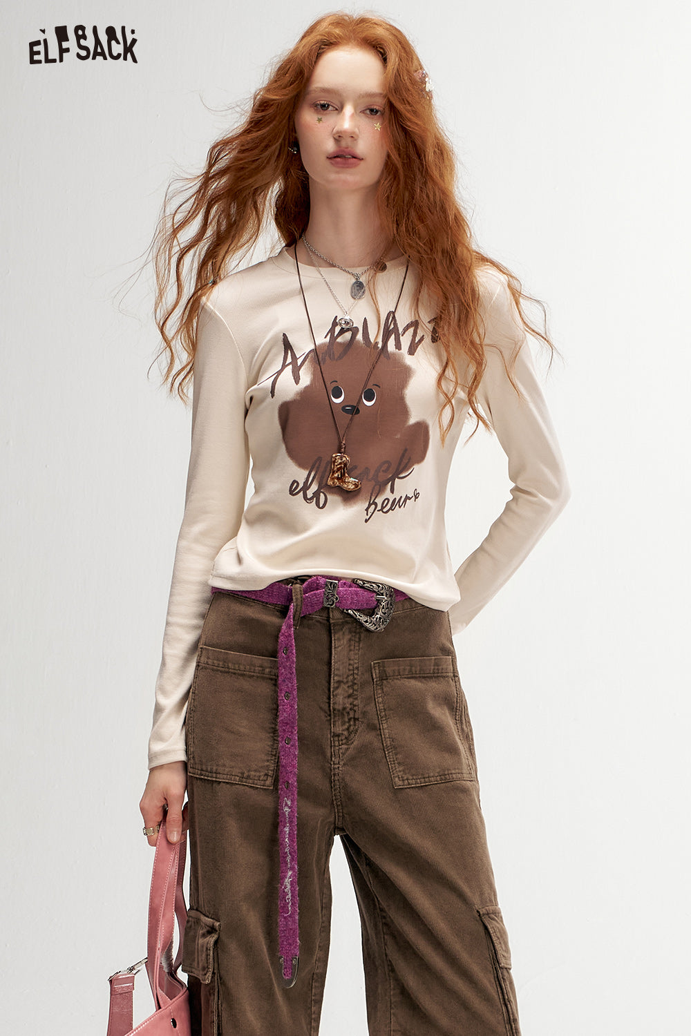 ELFSACK Retro Print Fitted Long Sleeve T-Shirt Casual Sweet Layering Top