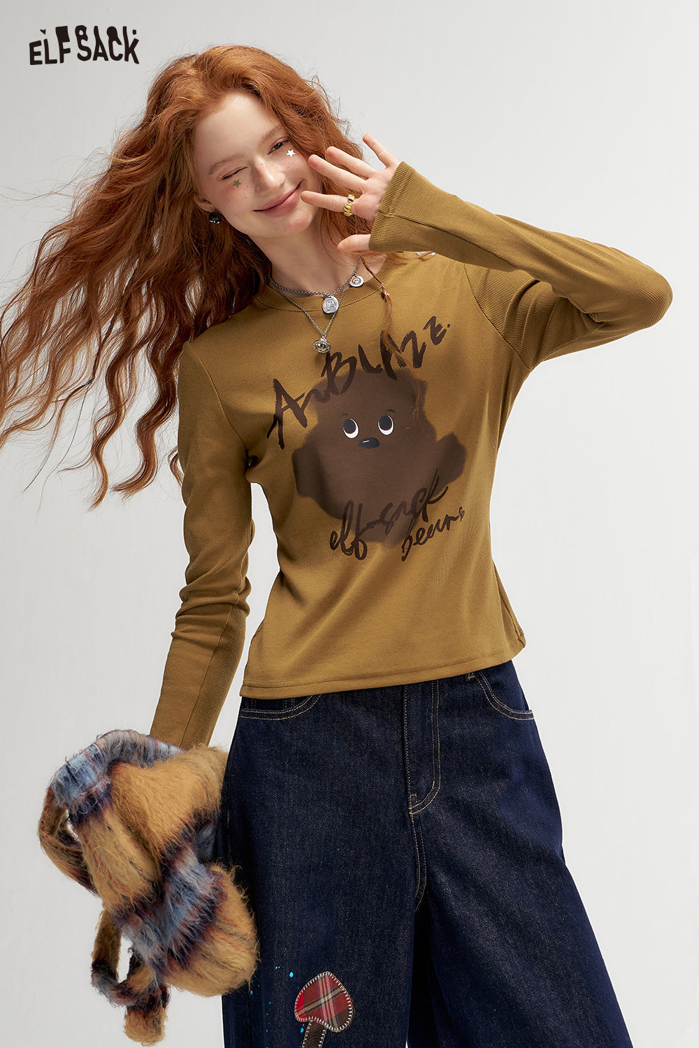 ELFSACK Retro Print Fitted Long Sleeve T-Shirt Casual Sweet Layering Top