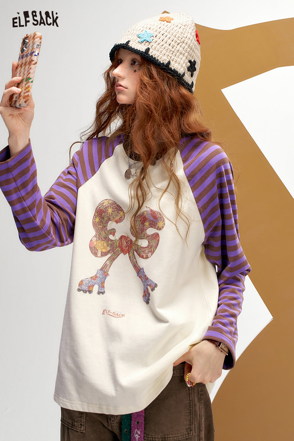 
                  
                    ELFSACK 2024 Autumn New Arrivals Color Block Striped Raglan Long Sleeve T-Shirt for Women Retro American Casual Top
                  
                