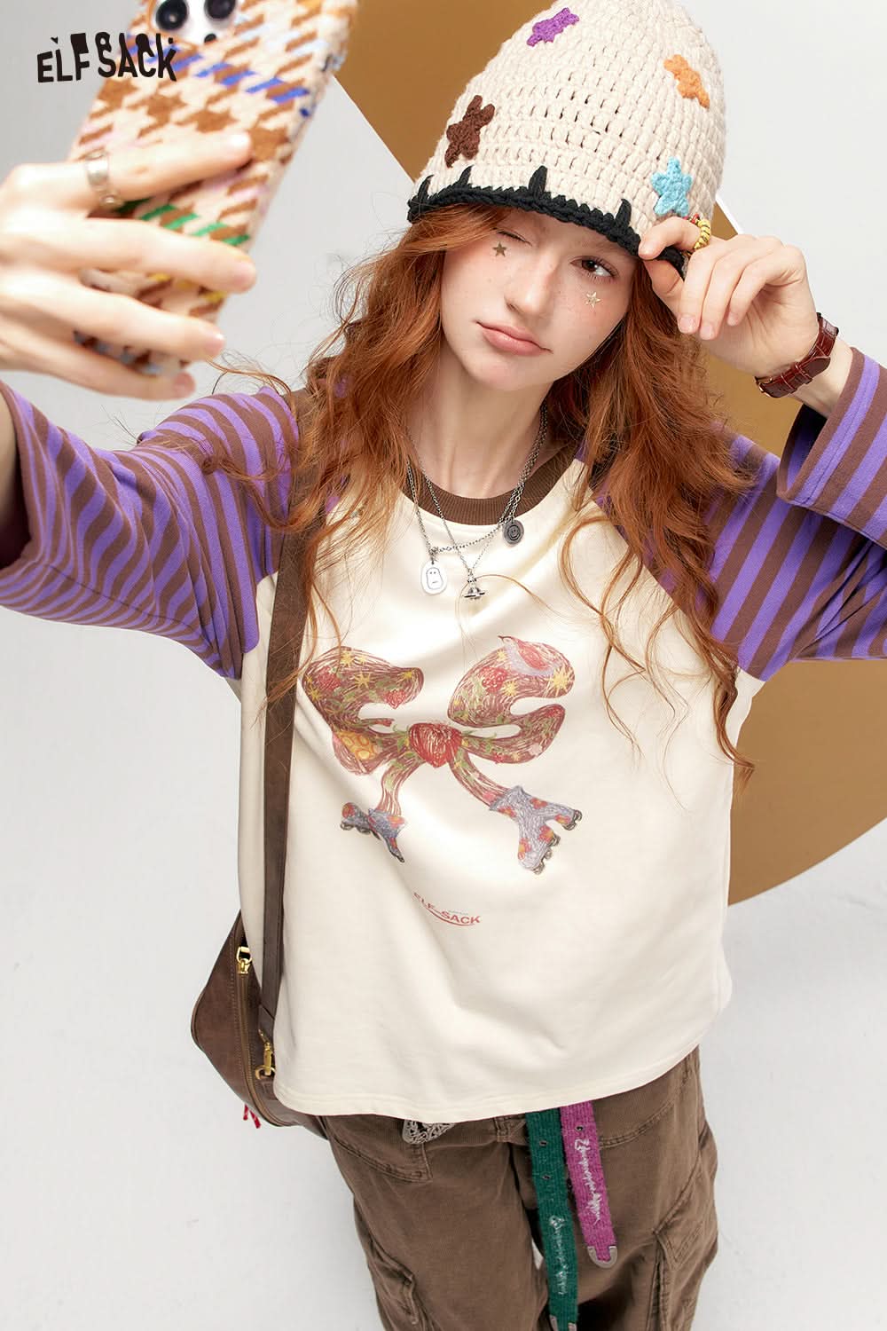 ELFSACK Color Block Striped Raglan Long Sleeve T-Shirt Retro American Casual Top