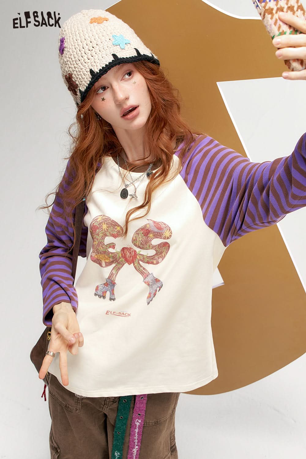 ELFSACK Color Block Striped Raglan Long Sleeve T-Shirt Retro American Casual Top