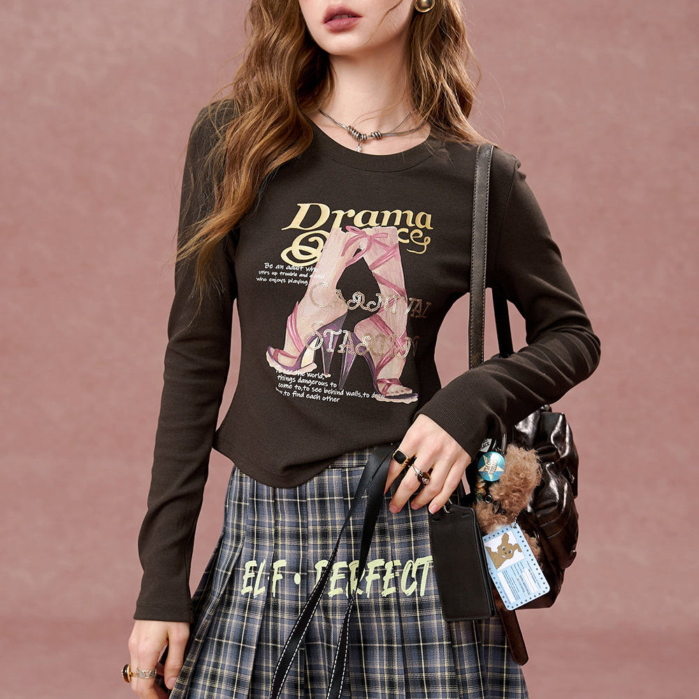 
                  
                    ELFSACK 2024 Autumn New Arrivals Retro Print Slim Fit Long Sleeve Cropped T-Shirt Women
                  
                