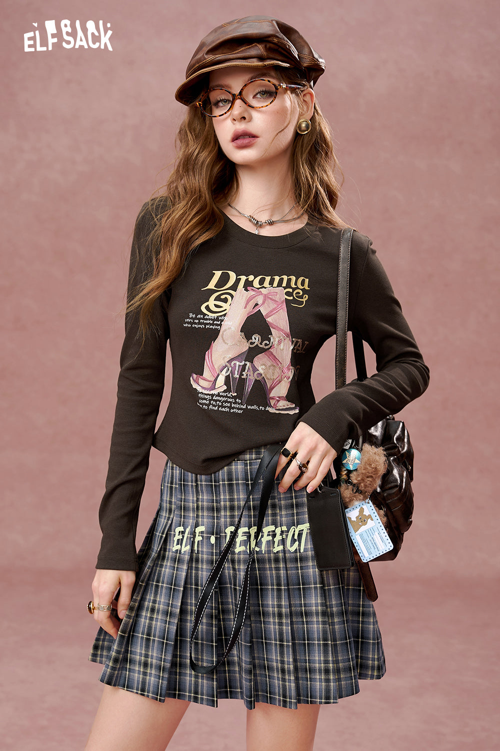 ELFSACK Retro Print Slim Fit Long Sleeve Cropped T-Shirt Women