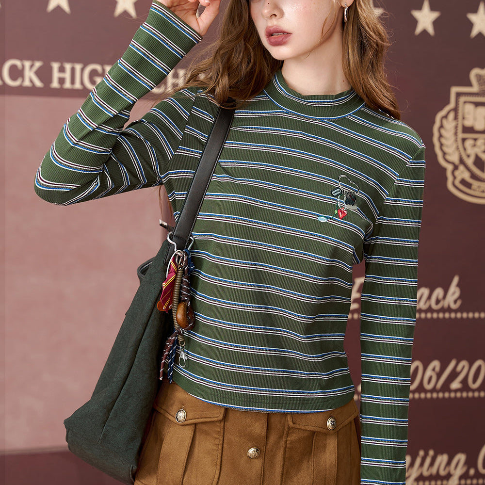 ELFSACK 2024 Autumn New Arrivals Love Embroidery Half-High Neck Striped Long Sleeve T-Shirt for Women