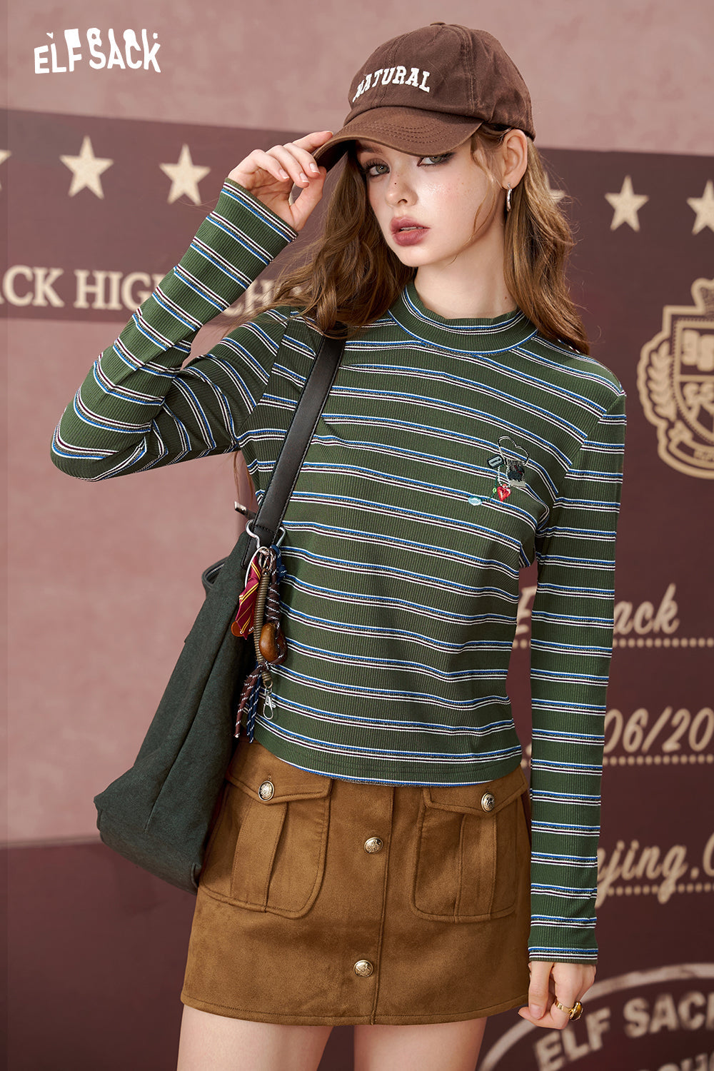 ELFSACK 2024 Autumn New Arrivals Love Embroidery Half-High Neck Striped Long Sleeve T-Shirt for Women