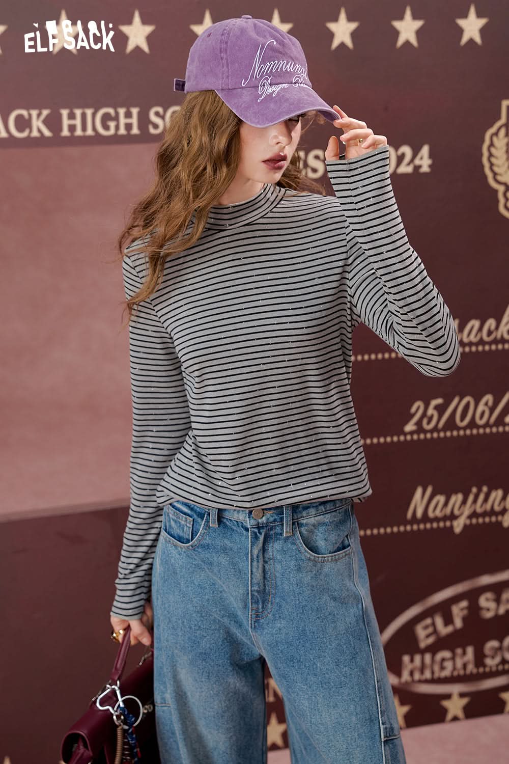 ELFSACK Bowknot silver hot half-high collar striped long-sleeved T-shirt, slim bottoming shirt