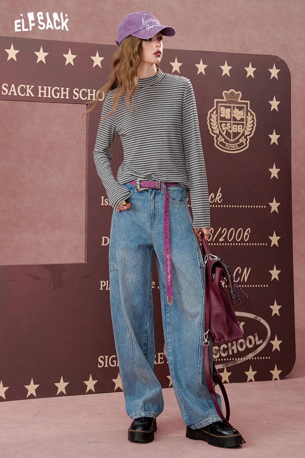 ELFSACK Bowknot silver hot half-high collar striped long-sleeved T-shirt, slim bottoming shirt