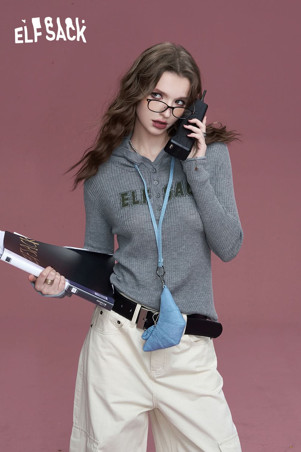 ELFSACK Pink and orange American style letter slim fit sweet and thin casual hooded sweater