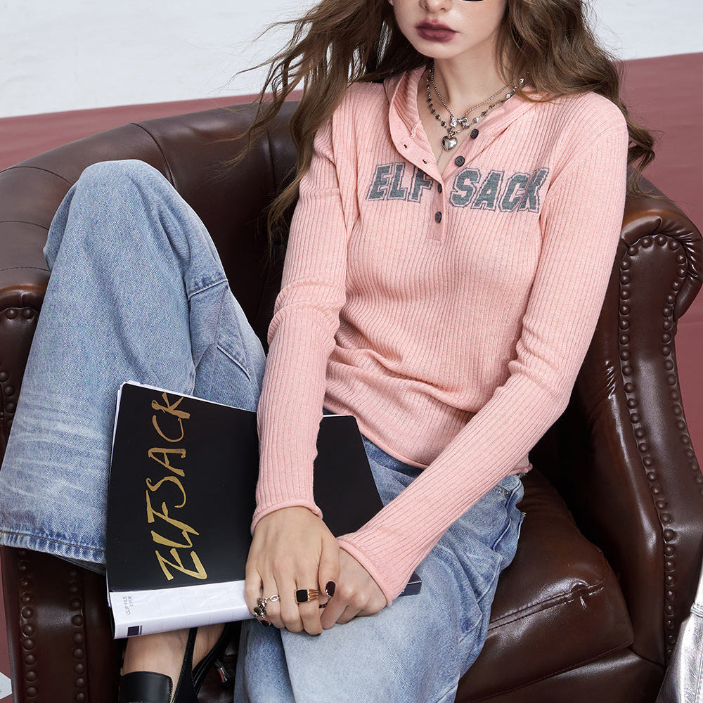 ELFSACK 2024 Autumn New Arrivals Pink and orange American style letter slim fit sweet and thin casual hooded sweater for women