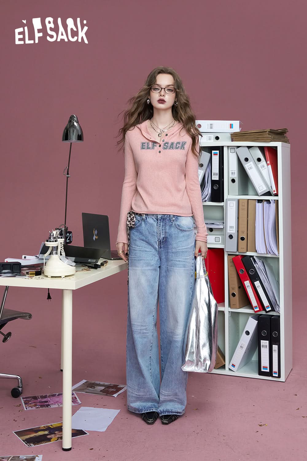 ELFSACK Pink and orange American style letter slim fit sweet and thin casual hooded sweater