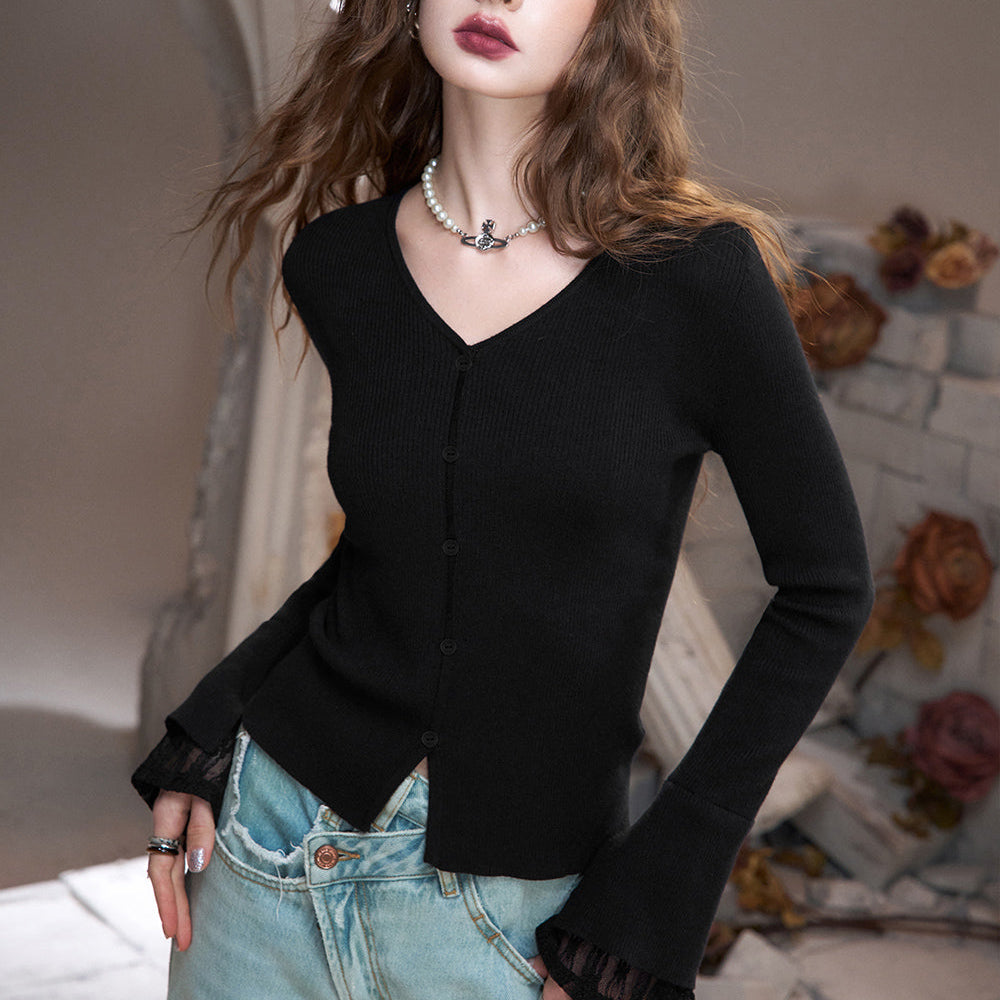 ELFSACK 2024 Autumn New Arrivals Mysterious Lace Stitching Black V-Neck Slim-Fit Trumpet Sleeve Knit Cardigan for Women