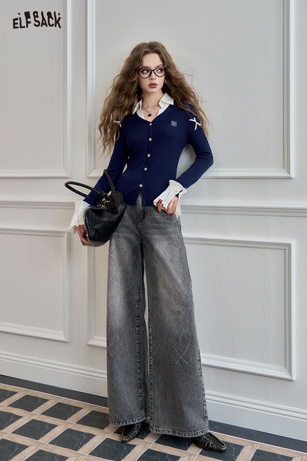 ELFSACK Women's shirt patchwork V-neck knitted sweater, slim fit and slimming top