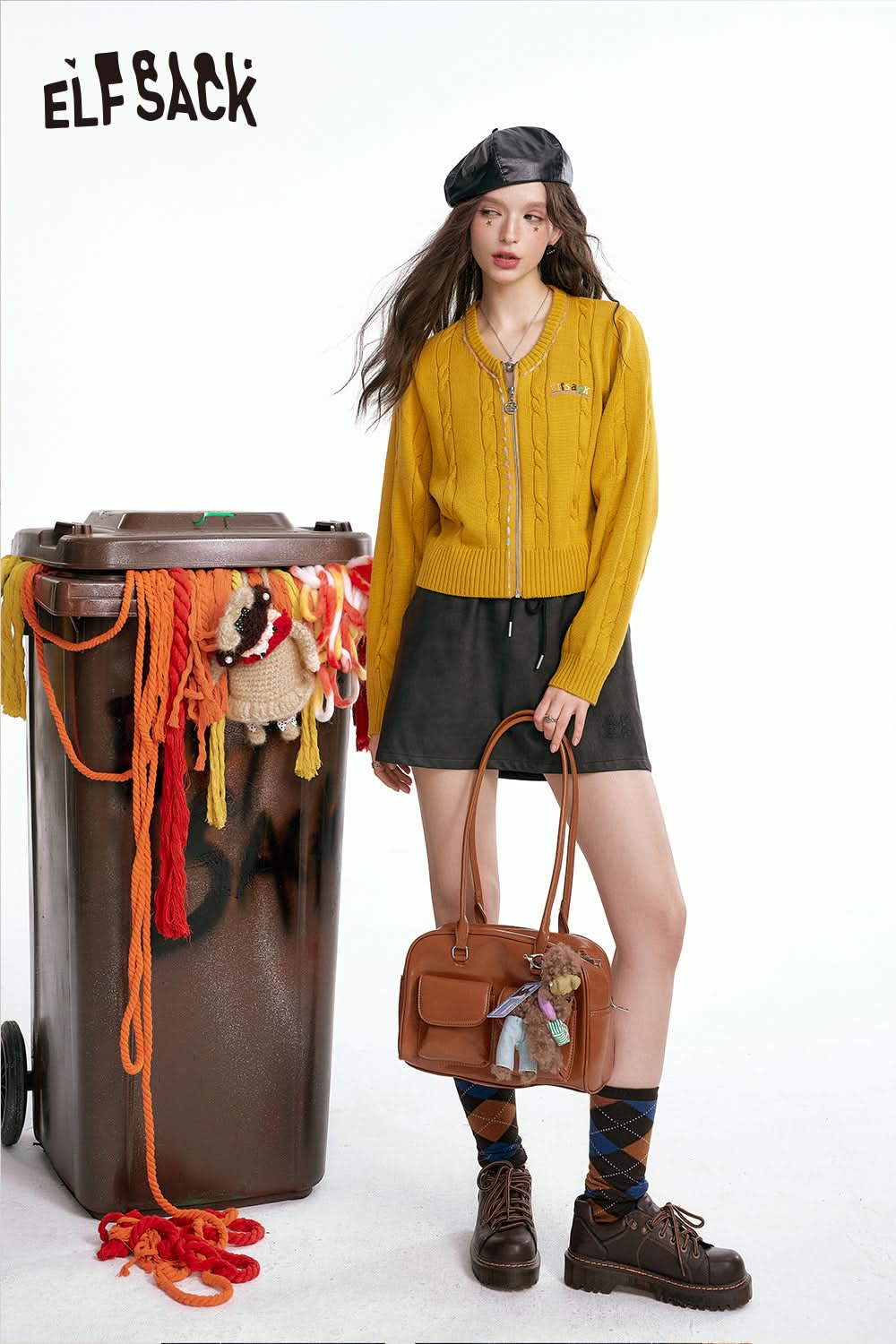 ELFSACK Retro Mustard Twisted Knit Cardigan Fitted Versatile Zip-Up