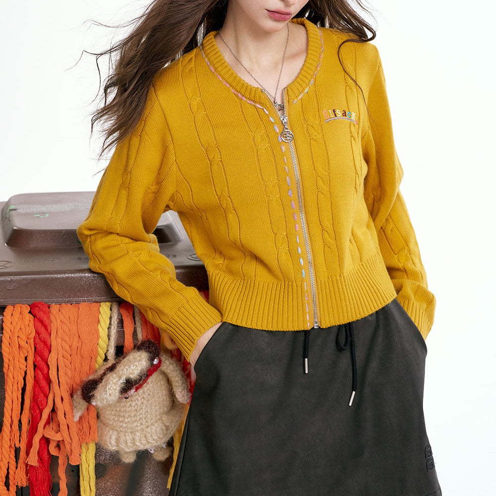 
                  
                    ELFSACK 2024 Autumn New Arrivals Retro Mustard Twisted Knit Cardigan for Women Fitted Versatile Zip-Up
                  
                