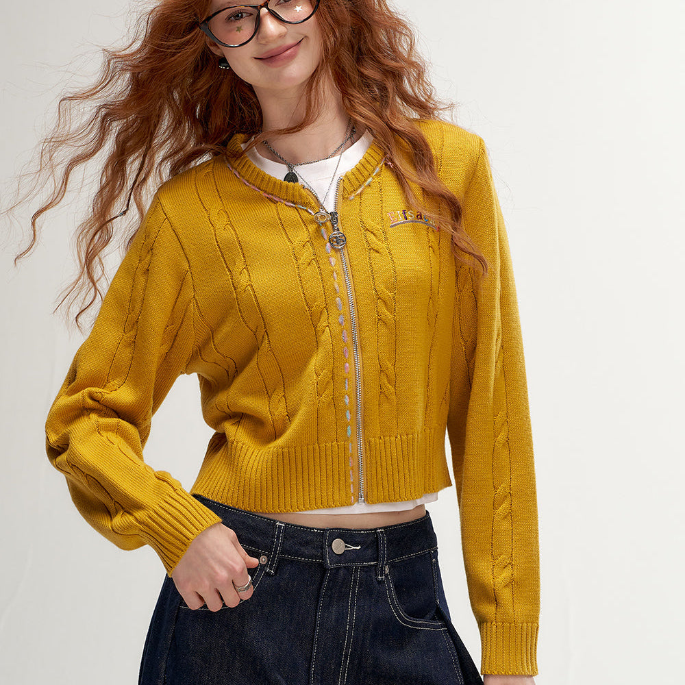 
                  
                    ELFSACK 2024 Autumn New Arrivals Retro Mustard Twisted Knit Cardigan for Women Fitted Versatile Zip-Up
                  
                