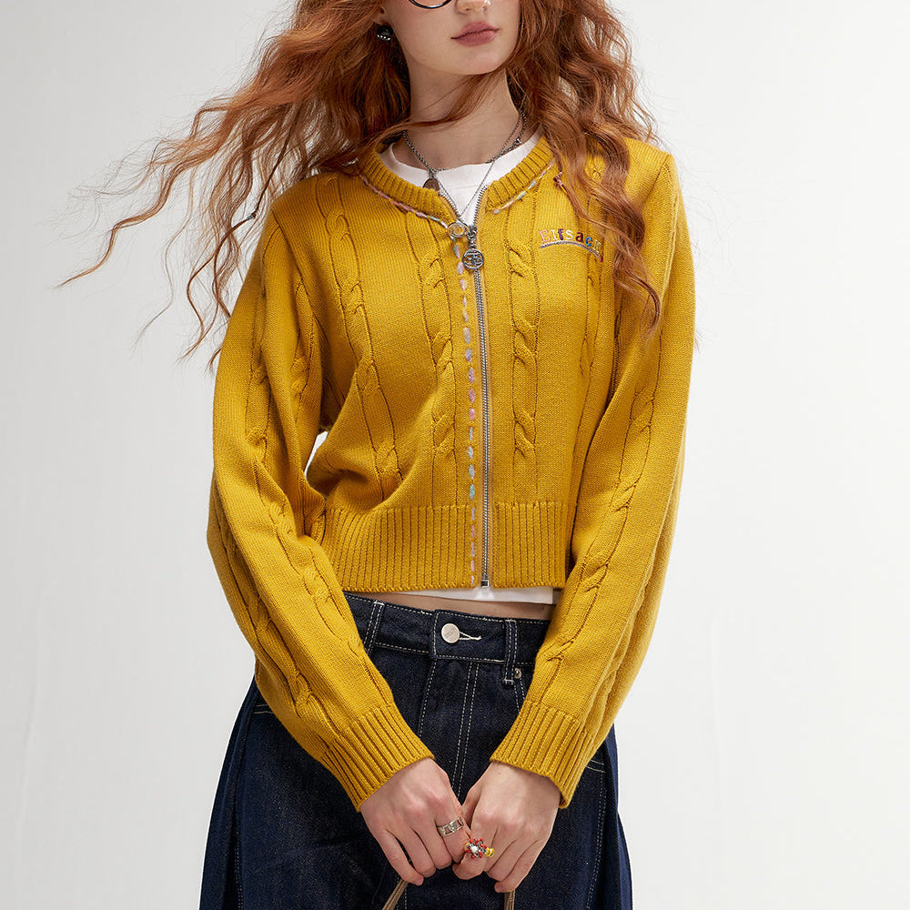 
                  
                    ELFSACK 2024 Autumn New Arrivals Retro Mustard Twisted Knit Cardigan for Women Fitted Versatile Zip-Up
                  
                