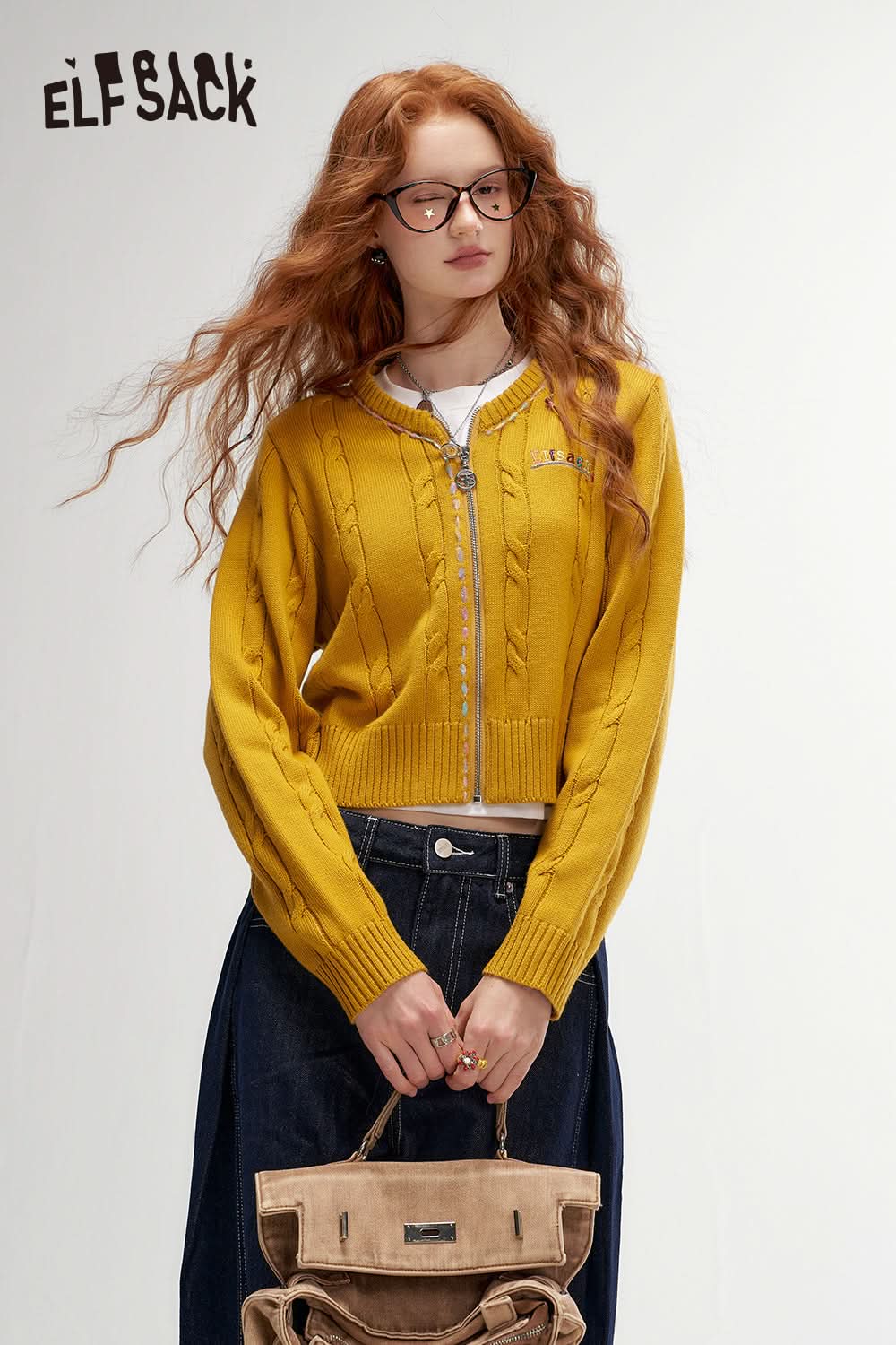 ELFSACK Retro Mustard Twisted Knit Cardigan Fitted Versatile Zip-Up