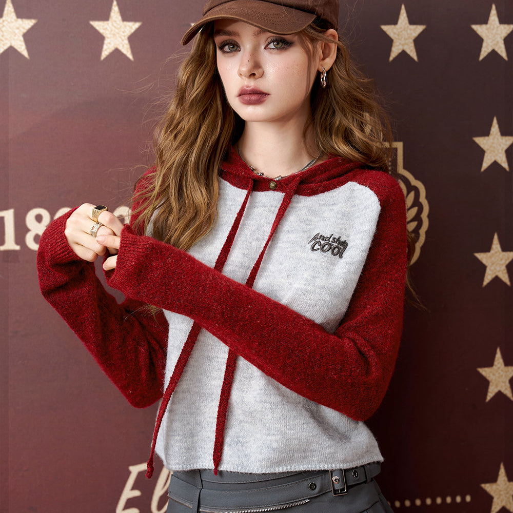 ELFSACK 2024 Autumn New Arrivals Raglan sleeves, contrast color, patchwork, hooded sweater for women, loose casual short top