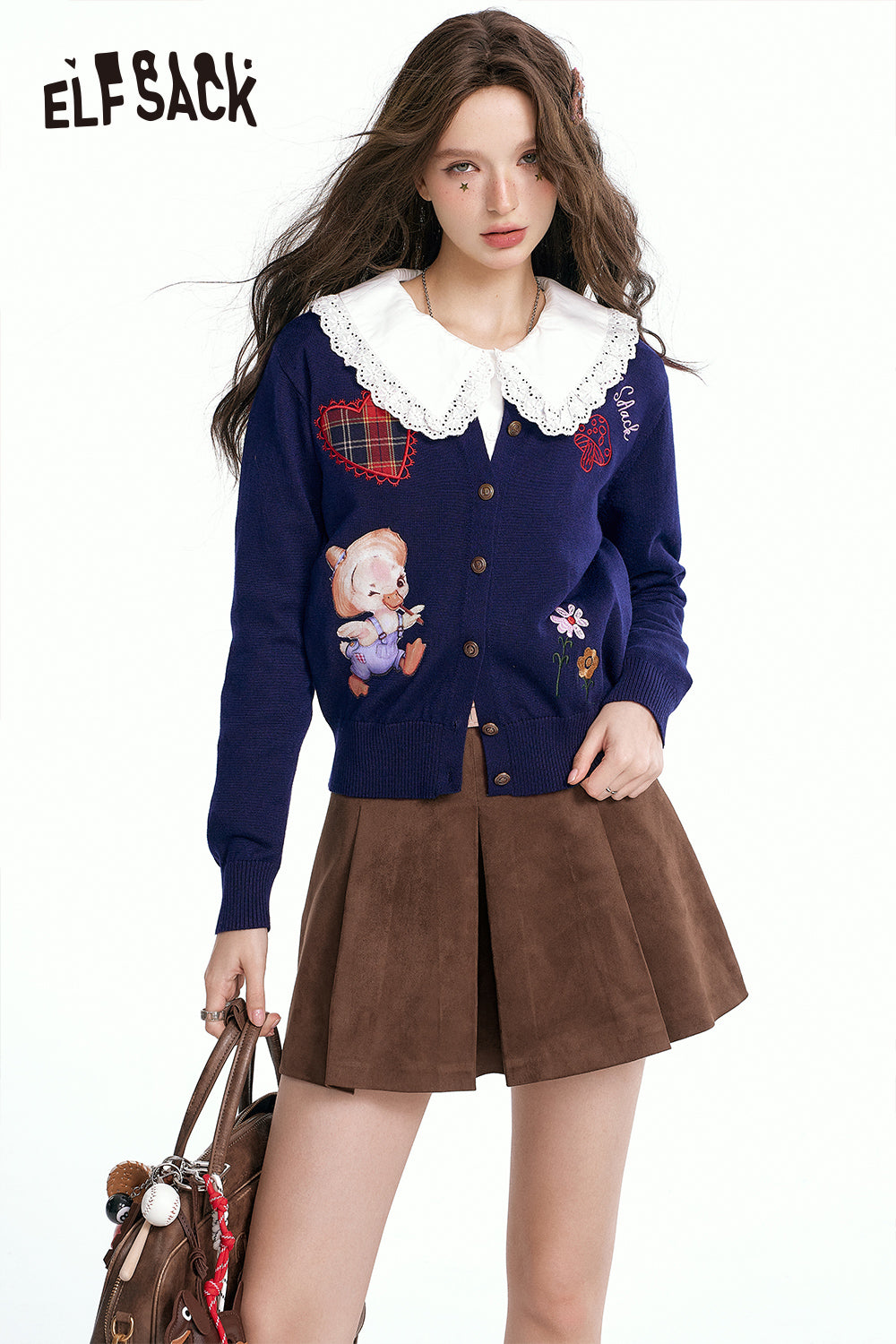 ELFSACK 2024 Autumn New Arrivals Retro Navy Embroidered Knit Cardigan for Women Cute Style