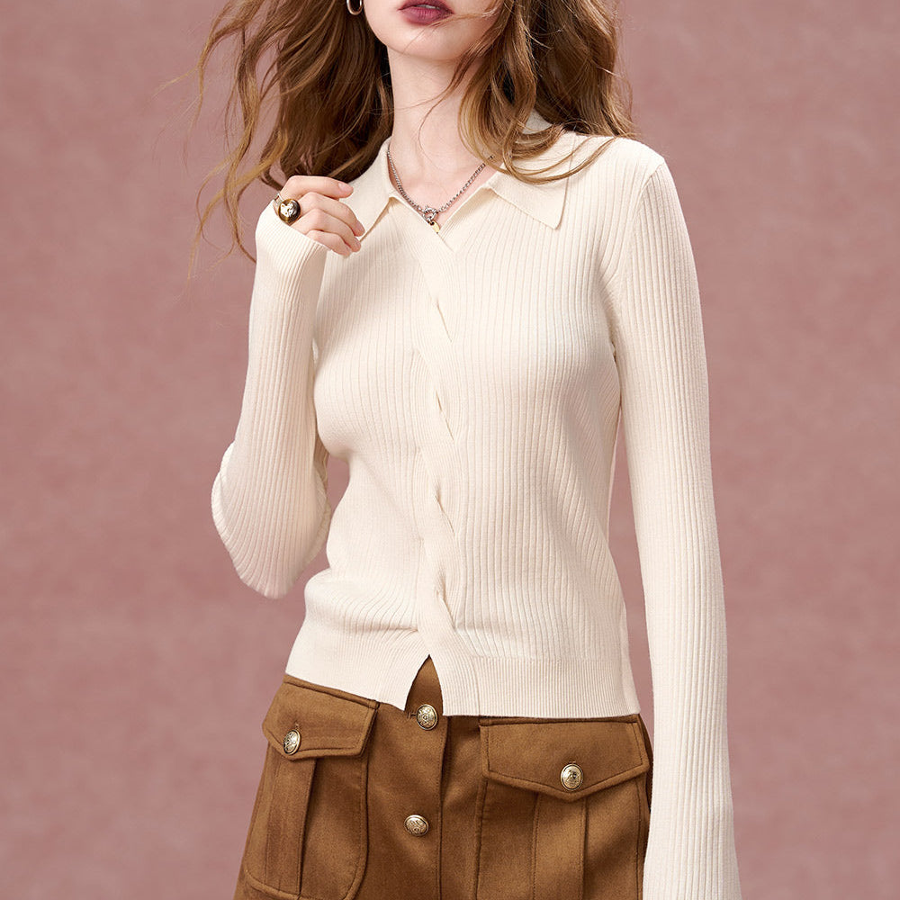 ELFSACK 2024 Autumn New Arrivals Polo lapel long-sleeved sweater for women, slim fit bottoming shirt