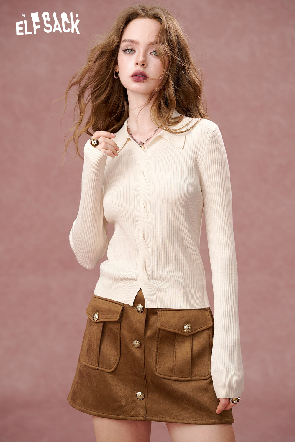 ELFSACK Polo lapel long-sleeved sweater, slim fit bottoming shirt
