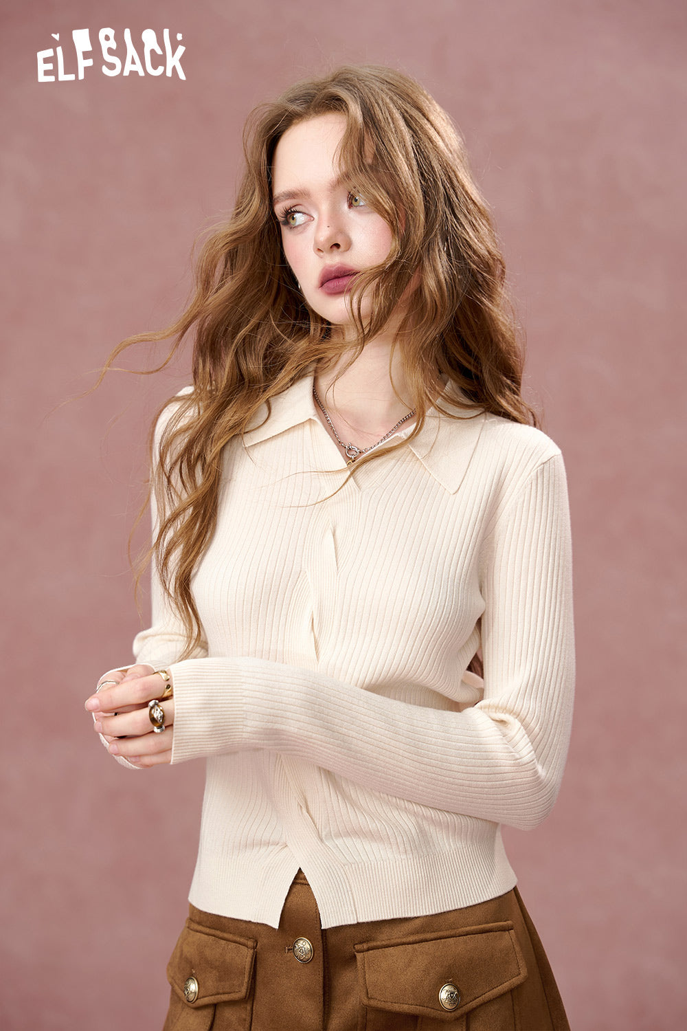 ELFSACK Polo lapel long-sleeved sweater, slim fit bottoming shirt