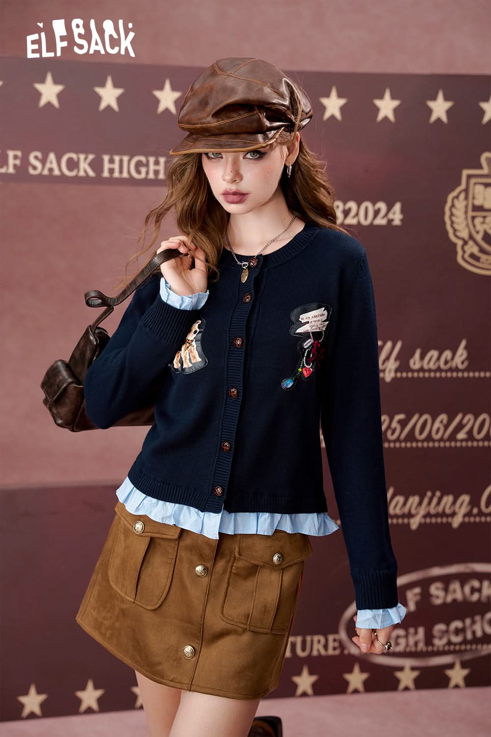 ELFSACK Splicing ruffle edge knitted cardigan, sweet short top