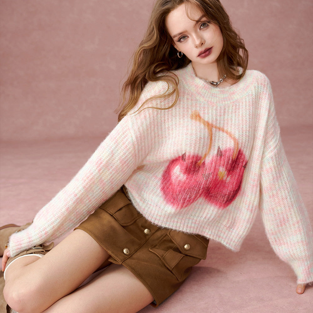 
                  
                    ELFSACK 2024 Autumn New Arrivals Colorful cherry print round neck sweater for women, sweet loose short sweater
                  
                