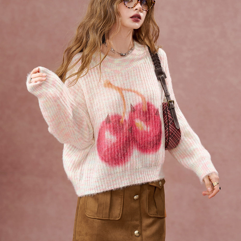 
                  
                    ELFSACK 2024 Autumn New Arrivals Colorful cherry print round neck sweater for women, sweet loose short sweater
                  
                