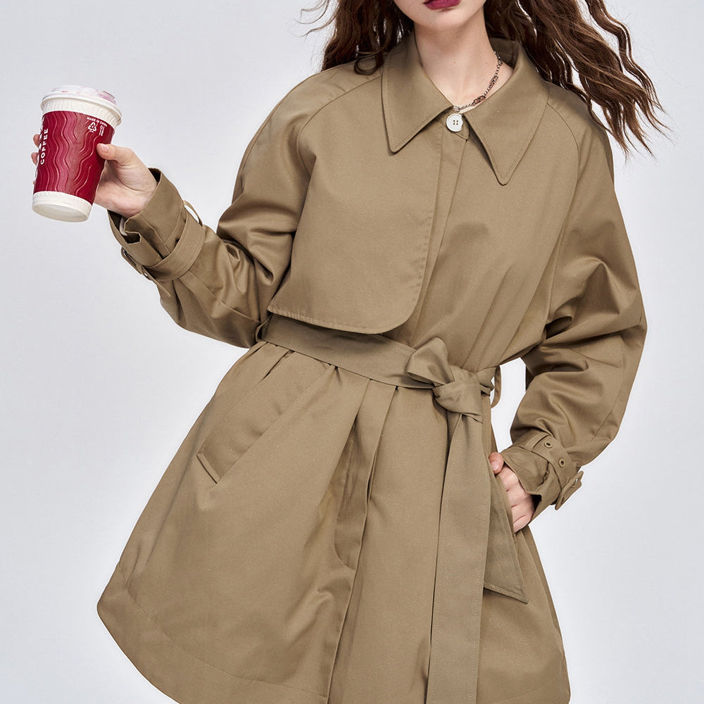 ELFSACK 2024 Autumn New Arrive Retro simple raglan sleeves single-breasted khaki fine glitter mid-length trench coat for women