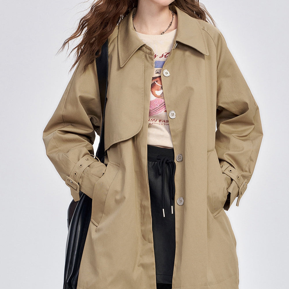 
                  
                    ELFSACK 2024 Autumn New Arrive Retro simple raglan sleeves single-breasted khaki fine glitter mid-length trench coat for women
                  
                