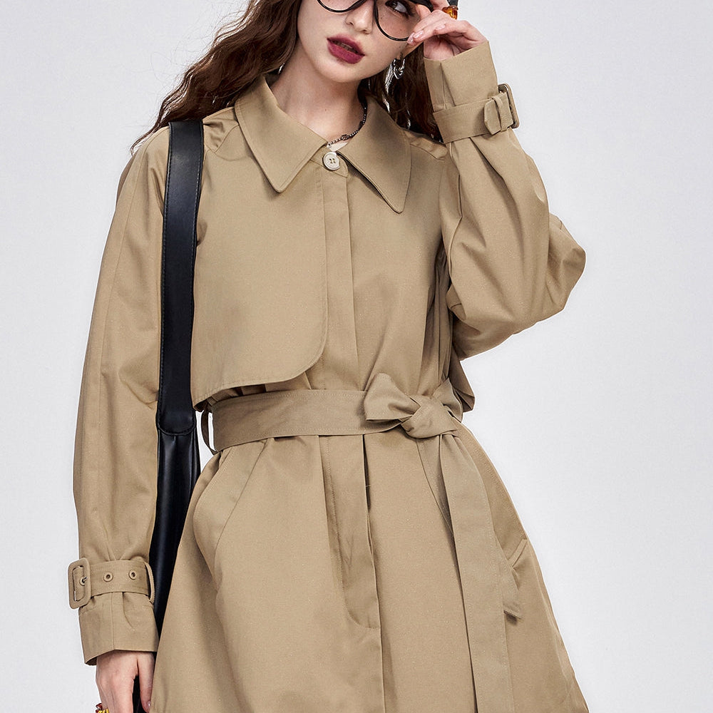 
                  
                    ELFSACK 2024 Autumn New Arrive Retro simple raglan sleeves single-breasted khaki fine glitter mid-length trench coat for women
                  
                