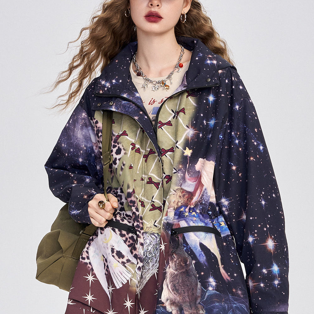 ELFSACK 2024 Autumn New Arrive Colorful loose-fitting cartoon anime full-print three-proof drawstring outdoor workwear jacket for women