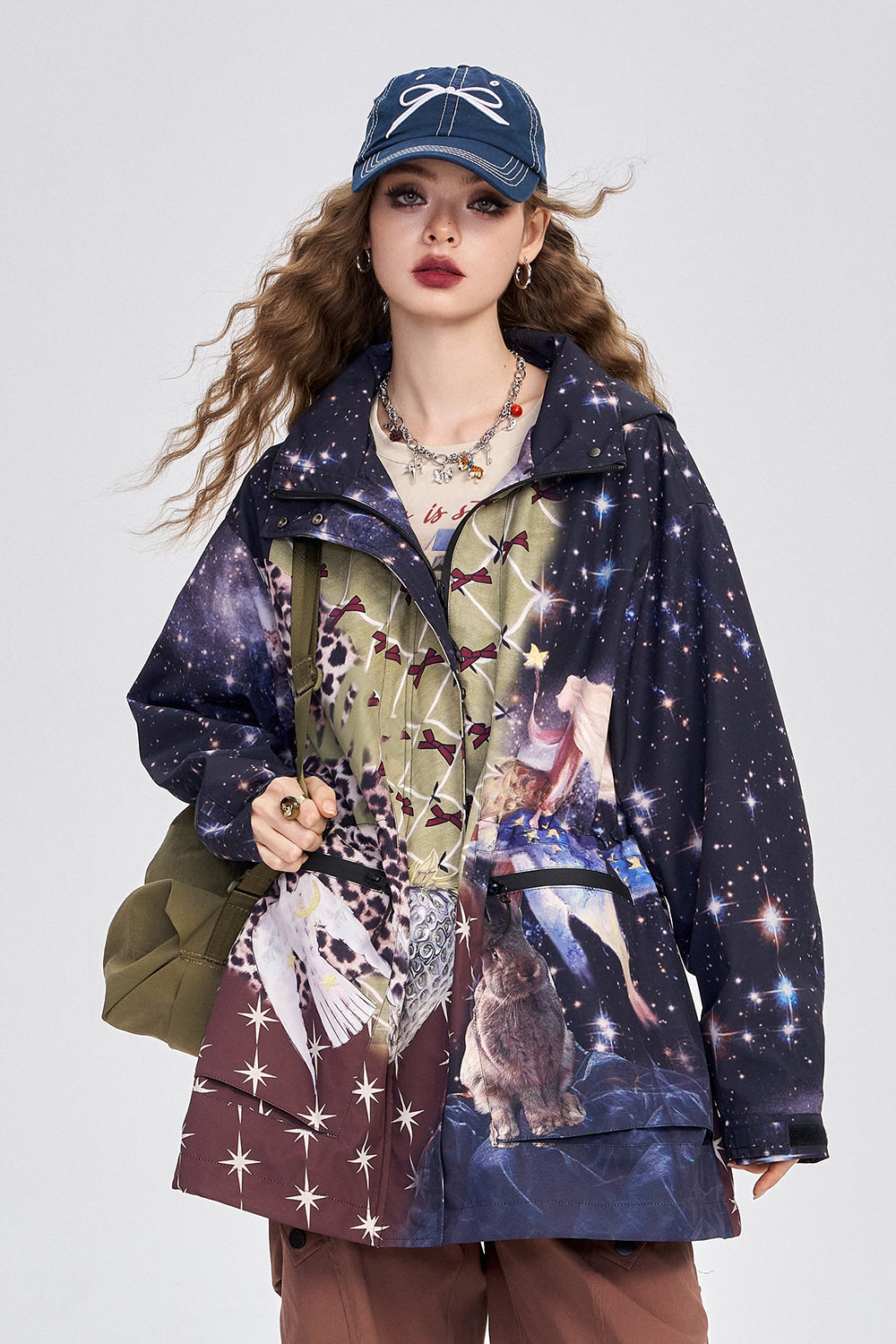 ELFSACK 2024 Autumn New Arrive Colorful loose-fitting cartoon anime full-print three-proof drawstring outdoor workwear jacket for women