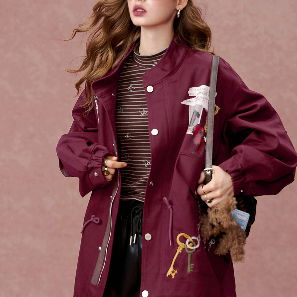 ELFSACK 2024 Autumn New Arrivals American retro printed trench coat for women, work jacket