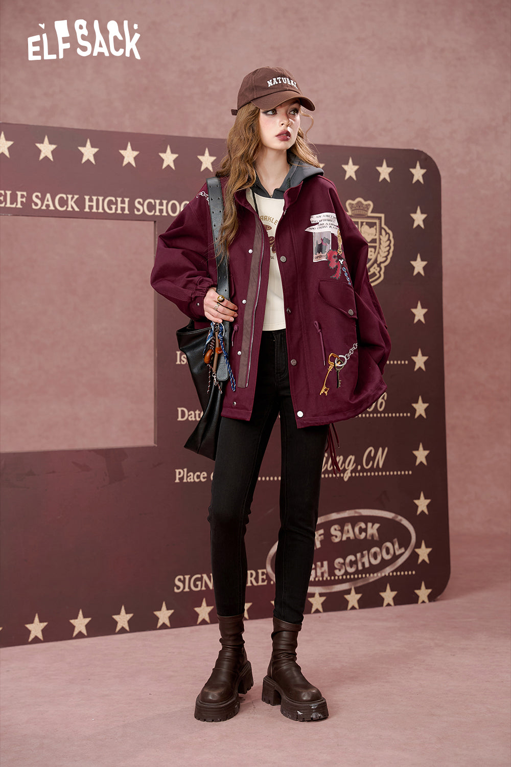 ELFSACK American retro printed trench coat, work jacket