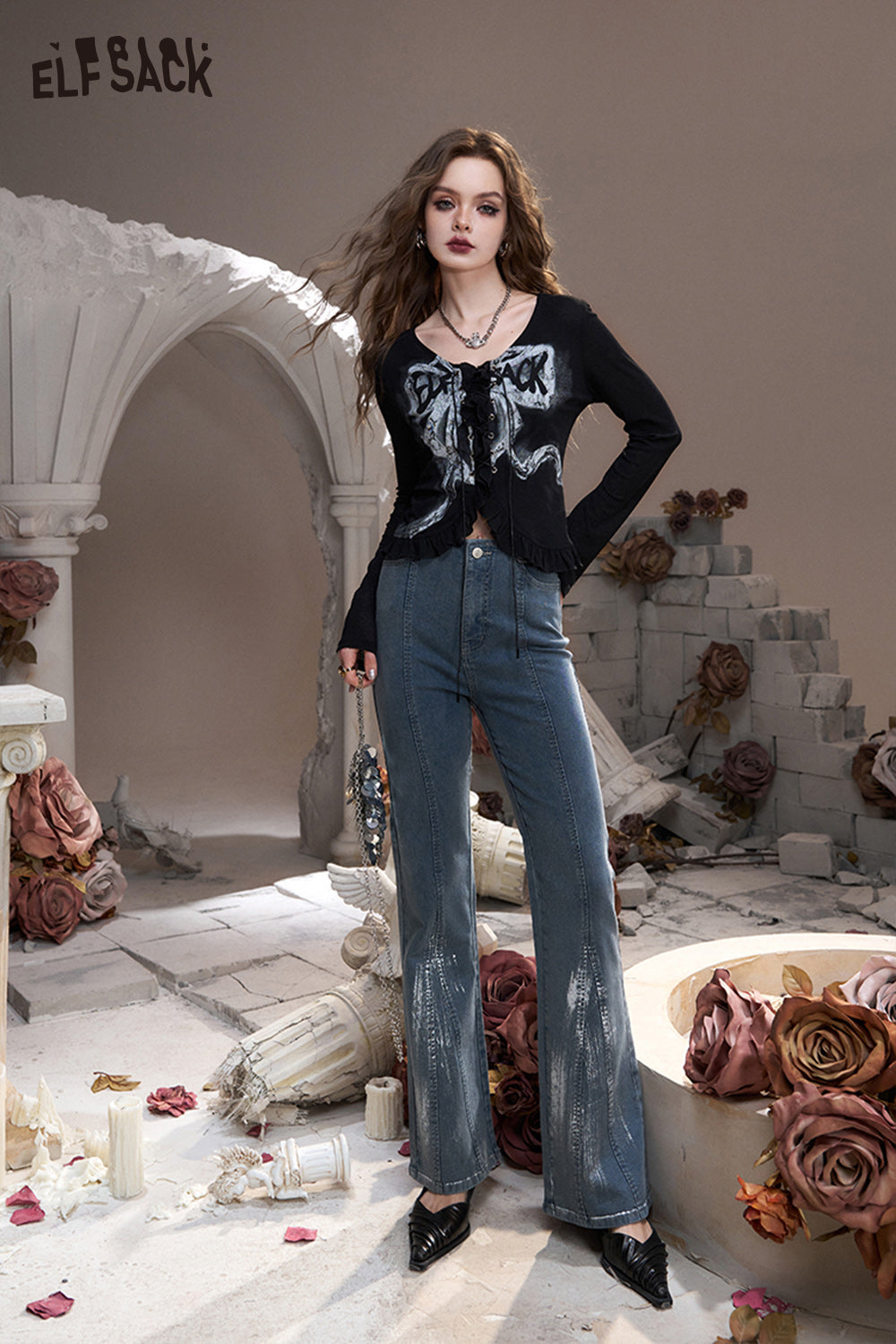 ELFSACK Blue American retro fake pocket slim fit flared high waist jeans