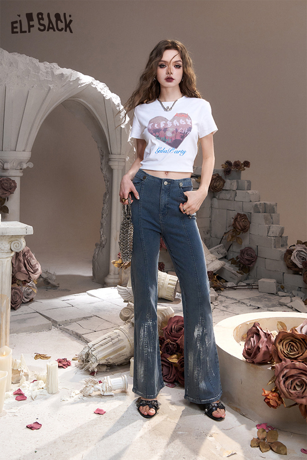 ELFSACK Blue American retro fake pocket slim fit flared high waist jeans